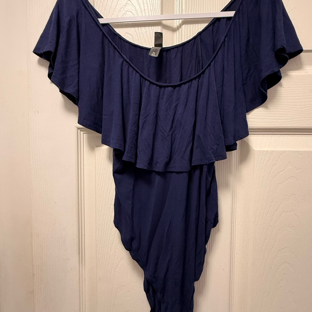 Navy Blue Off-Shoulder Ruffle Bodysuit